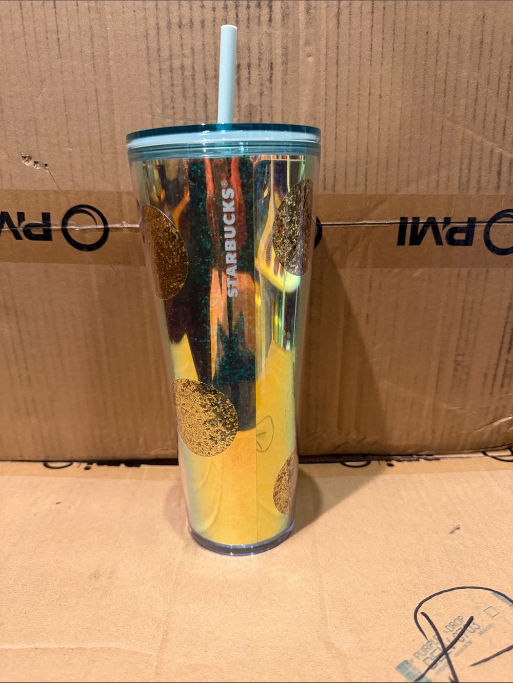 Starbucks Iridescent Gold Dot Tumbler with Teal Lid and Straw
